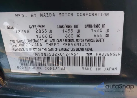 1999 Mazda Mx-5 Miata Leather Pkg/Popular Equipment Pkg/Sports Pkg/Touring Pkg из США, поврежденный, VIN JM1NB3532X0124964